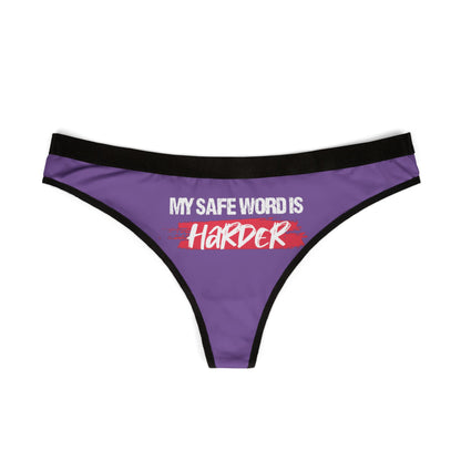 Chic purple thong displaying the humorous phrase 'MY SAFE WORD IS HARDER', perfect for adding a cheeky twist to lingerie collections.