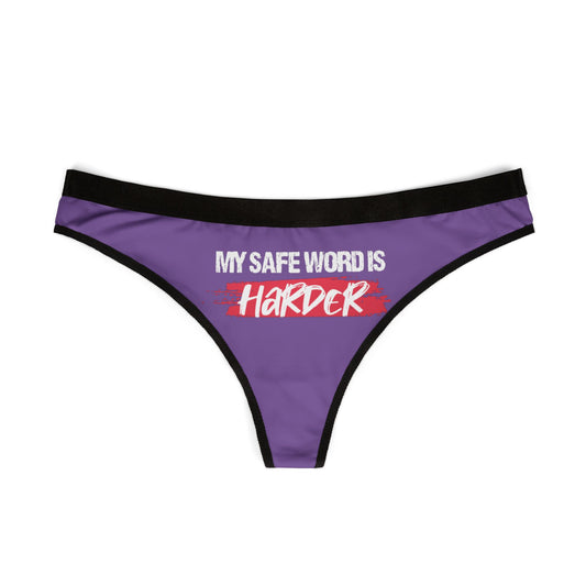 Chic purple thong displaying the humorous phrase 'MY SAFE WORD IS HARDER', perfect for adding a cheeky twist to lingerie collections.