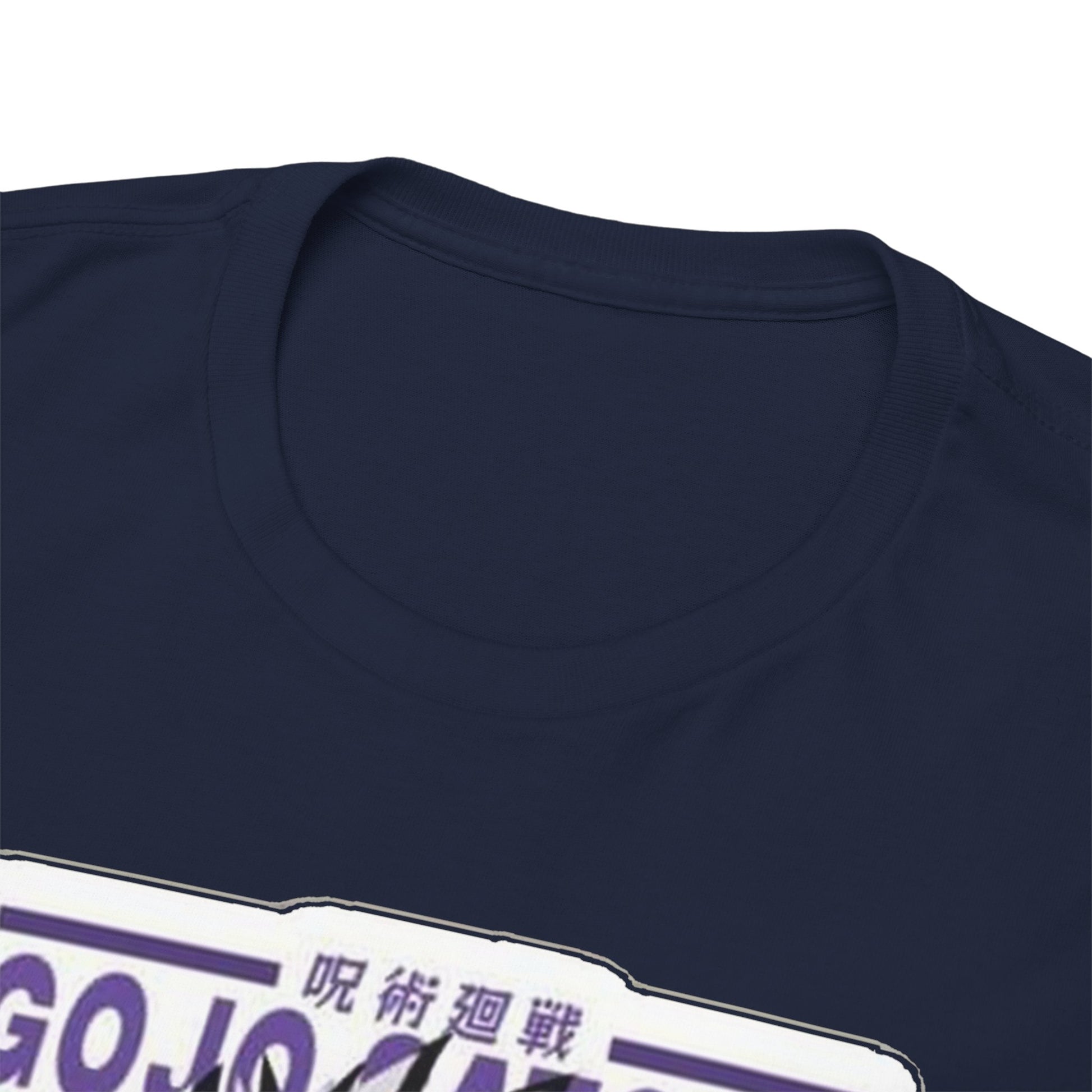Close-up of the neckline of the Gojo Satoru T-shirt, showcasing the premium fabric and meticulous craftsmanship, epitomising luxurious comfort for Jujutsu Kaisen fans.