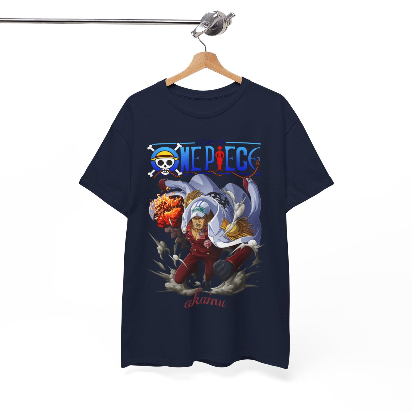 Sophisticated One Piece Akainu t-shirt elegantly hung on a wooden hanger, featuring rich graphics that highlight the character's strength and charm.