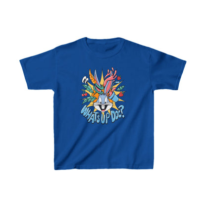 Unisex Kids Bugs Bunny Cotton T-Shirt Tee in blue, illustrating a lively image of Bugs Bunny adorned with colourful accents and the words 'What's Up Doc?' A stylish addition to any child's playful wardrobe.