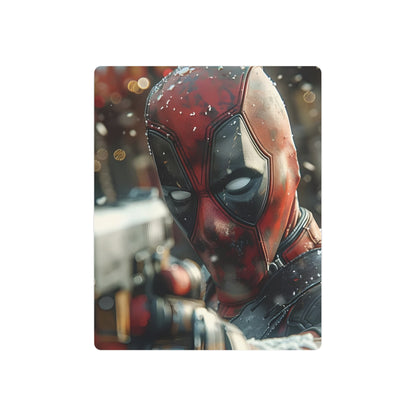 Stunning Deadpool Metal Art Poster showcasing a high-quality image of Deadpool's face, ideal for modern wall décor, creating a unique and luxurious ambience.