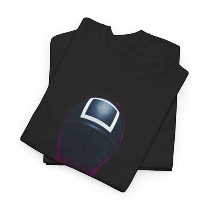 Premium black t-shirts stacked neatly, showcasing unique Squid Game-inspired mask graphics, ideal for bold fashion statements.