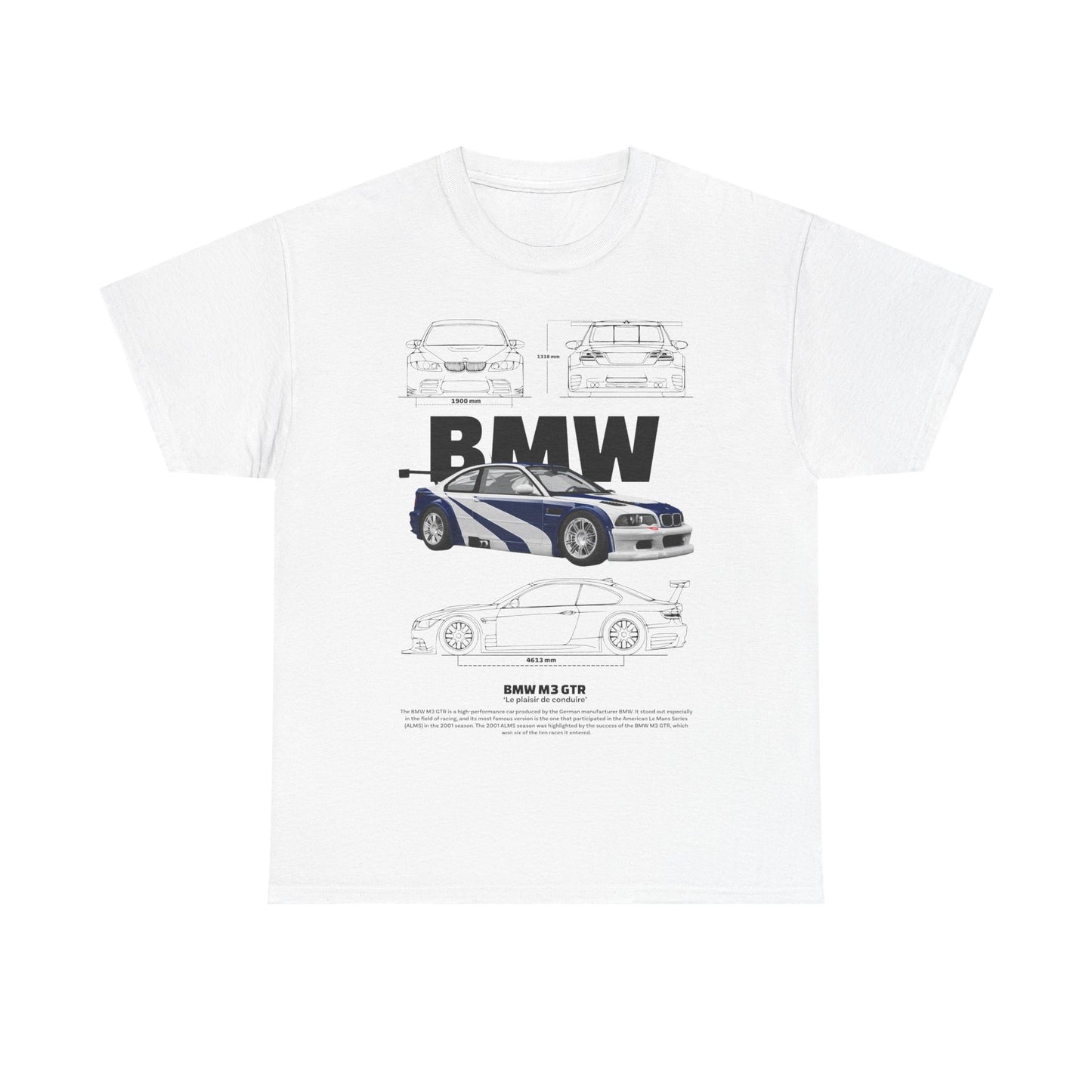 Luxurious white men's T-shirt featuring a striking graphic design of the iconic BMW M3 GTR race car, complemented by technical sketches. A bold 'BMW' logo enhances the sophisticated appeal, perfect for car enthusiasts.