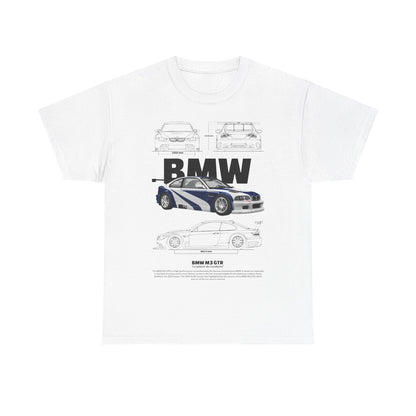 Luxurious white men's T-shirt featuring a striking graphic design of the iconic BMW M3 GTR race car, complemented by technical sketches. A bold 'BMW' logo enhances the sophisticated appeal, perfect for car enthusiasts.