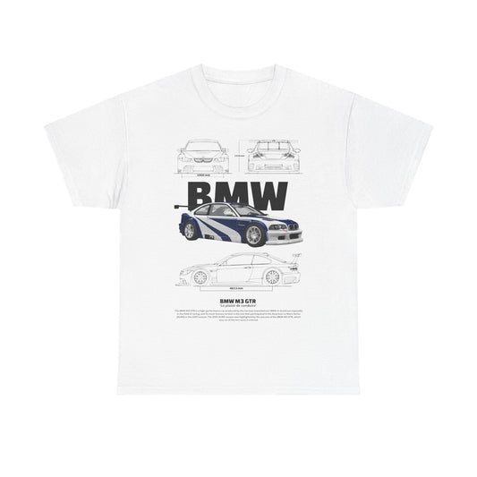 Luxurious white men's T-shirt featuring a striking graphic design of the iconic BMW M3 GTR race car, complemented by technical sketches. A bold 'BMW' logo enhances the sophisticated appeal, perfect for car enthusiasts.