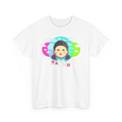 Luxurious 'Squid Game' Unisex T-Shirt featuring an artistic animal character design; a white cotton tee showcasing vibrant clouds and an elegant character illustration capturing the essence of pop culture, perfect for fashion-forward individuals.