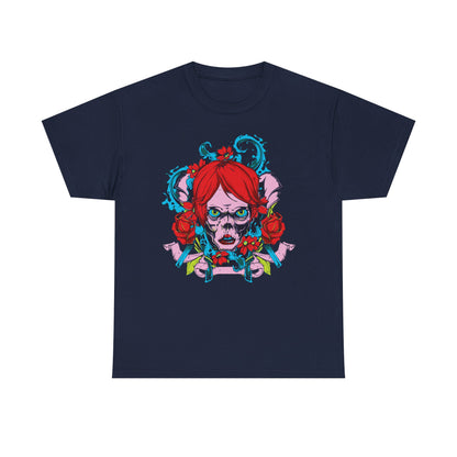Opulent men's artistic t-shirt in navy blue with a bold skull motif highlighted by vibrant red hair and floral details, offering a strikingly elegant and contemporary style.