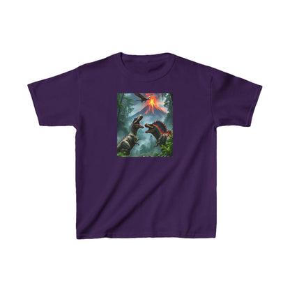 Kids Dinosaur Heavy Cotton Tee in purple featuring a vibrant dinosaur graphic, perfect for adventurous young explorers.
