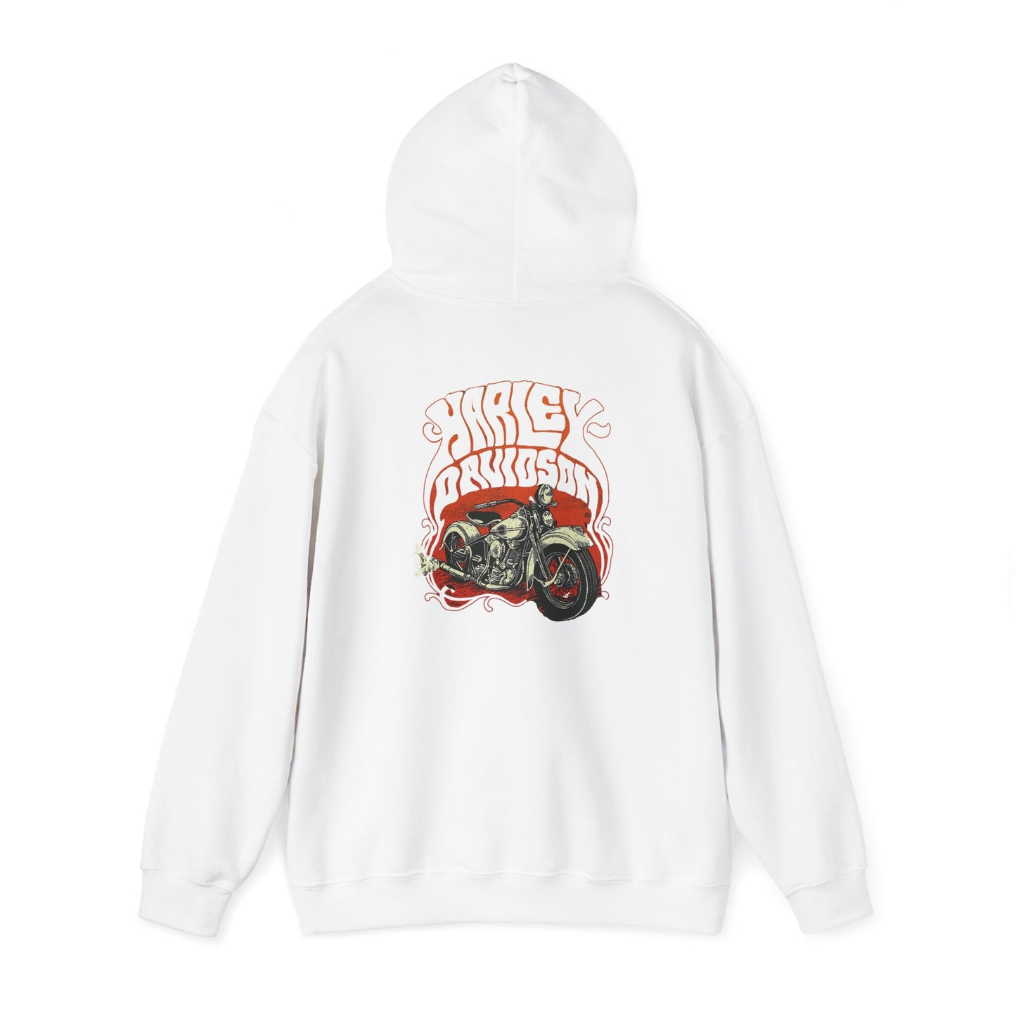 Artistic white hoodie with a bold vintage Harley Davidson back print, merging classic motorcycle culture with modern fashion.
