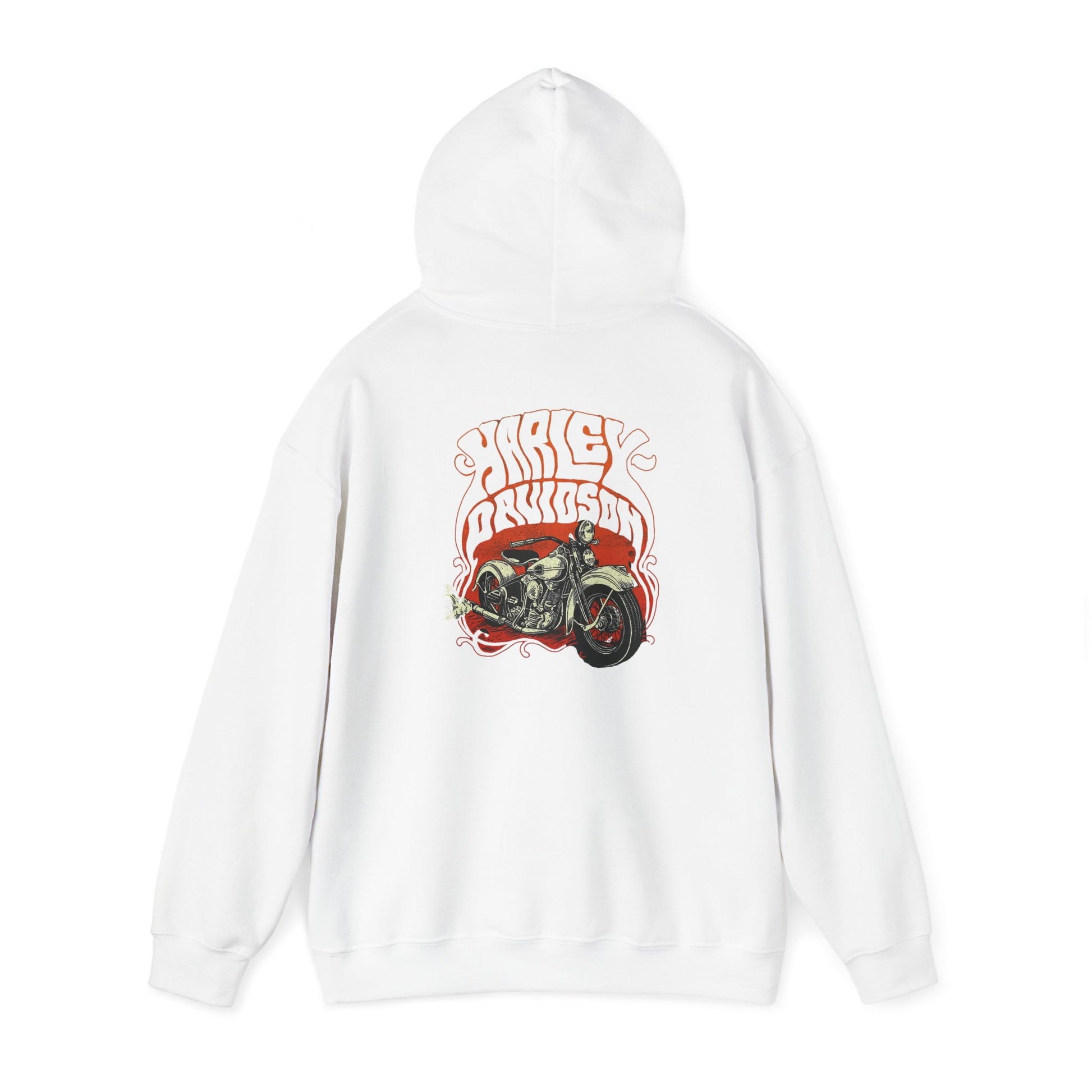 Artistic white hoodie with a bold vintage Harley Davidson back print, merging classic motorcycle culture with modern fashion.