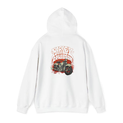Artistic white hoodie with a bold vintage Harley Davidson back print, merging classic motorcycle culture with modern fashion.