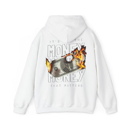 Luxurious white hoodie featuring a striking back graphic design with flaming dollar bill and bold text stating "IT'S NOT THE MONEY, IT'S THE MONEY THAT MATTERS." Perfect for making a fashion statement.