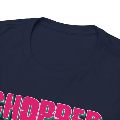 Close-up of the high-quality neckline of a navy blue t-shirt featuring Chopper graphics, designed for comfort and luxury.