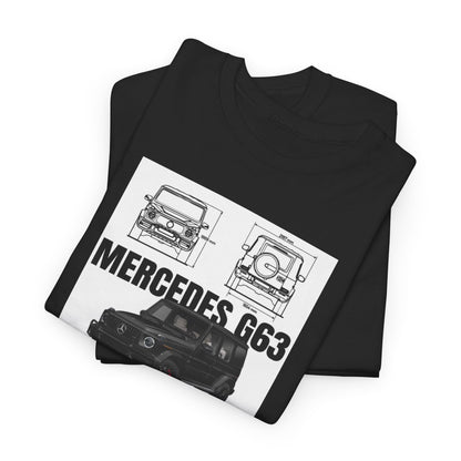 Unisex Men's T-Shirt Featuring Technical Drawing of Mercedes-AMG G63 Design, showcasing a detailed technical illustration and front view of the SUV on a sleek black background.