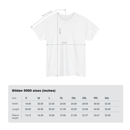Elegant sizing guide for men's t-shirt, detailing measurements and fit options, accompanying a bold tattooed nun design, perfect for fashion-conscious individuals.