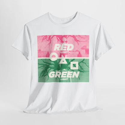 Squid Game Unisex Men’s Women’s Graphic Cotton Funny T Shirt Tee featuring a bold design with 'RED LIGHT' and 'GREEN LIGHT', presented on a luxurious white fabric, epitomising urban style.