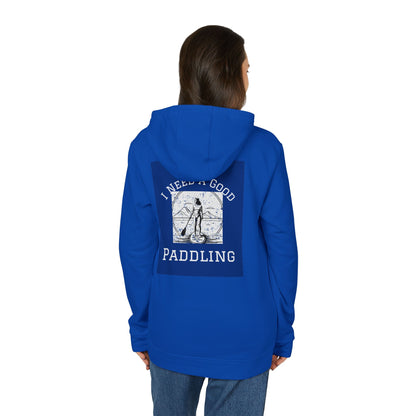 Back view of model in Adidas Women´s Fleece 'I Need a Good Paddling' Hoodie, highlighting its eco-friendly design and chic paddling-themed graphic.