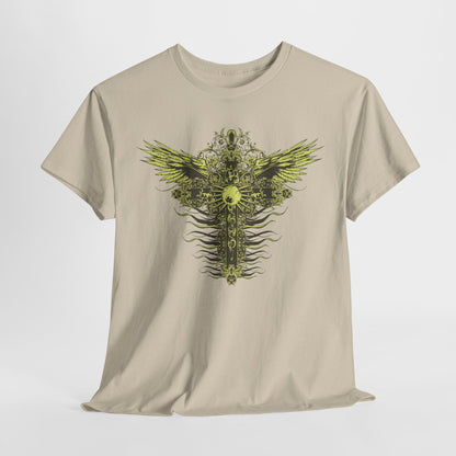 Sophisticated men's t-shirt draped elegantly, with a bold graphic design of a cross and wings, perfect for a unique wardrobe enhancement.