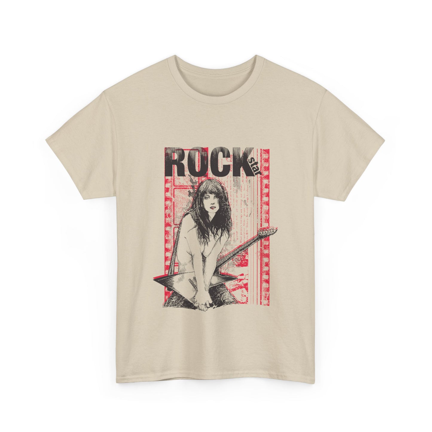 Sophisticated beige men's T-shirt showcasing a captivating rock star graphic design, merging fashion with musical passion.