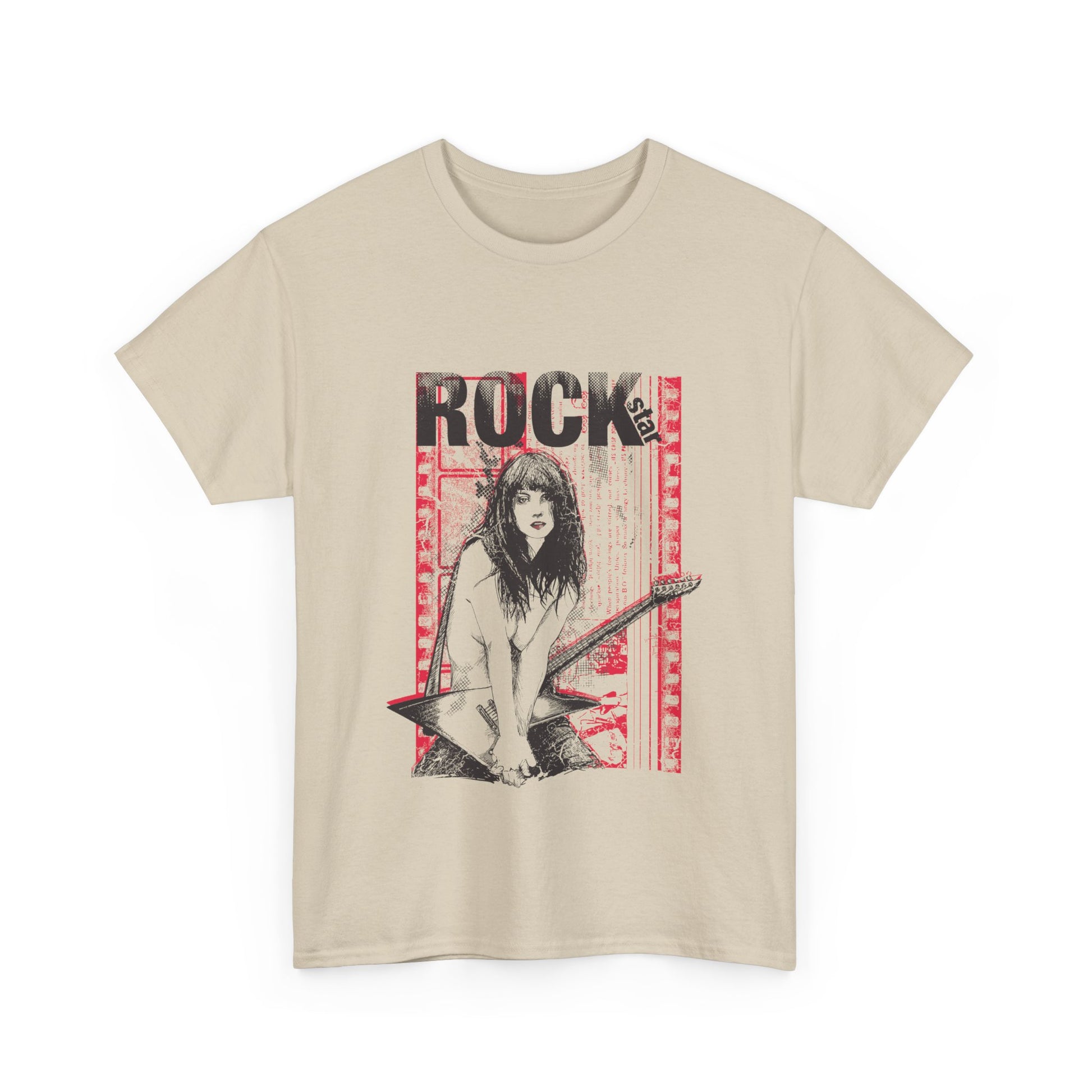 Sophisticated beige men's T-shirt showcasing a captivating rock star graphic design, merging fashion with musical passion.