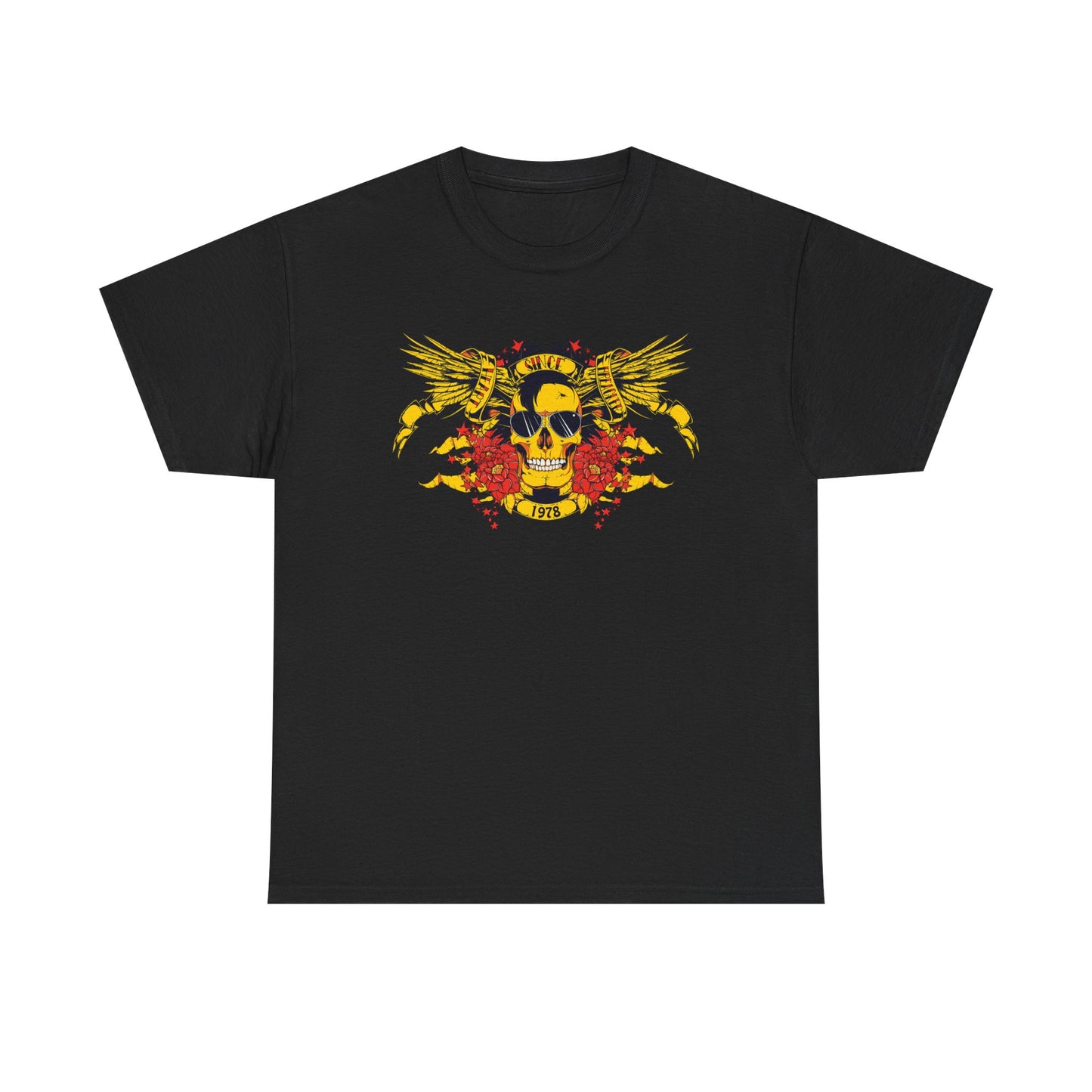 Stylish black t-shirt featuring an eye-catching yellow skull graphic with wings and floral accents, designed for a luxurious rebellious look with a retro 1978 theme.