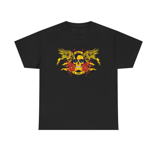 Stylish black t-shirt featuring an eye-catching yellow skull graphic with wings and floral accents, designed for a luxurious rebellious look with a retro 1978 theme.