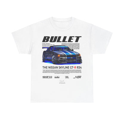 Luxury white T-shirt featuring a vibrant graphic of the Nissan Skyline GT-R R34 with dynamic blue racing stripes, displaying detailed specifications and logos from automotive brands such as Sparco, HKS, and JBL. An icon of performance and style for car enthusiasts.