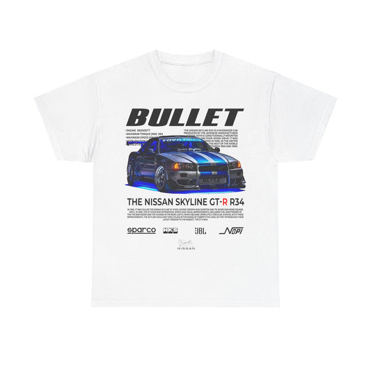 Luxury white T-shirt featuring a vibrant graphic of the Nissan Skyline GT-R R34 with dynamic blue racing stripes, displaying detailed specifications and logos from automotive brands such as Sparco, HKS, and JBL. An icon of performance and style for car enthusiasts.