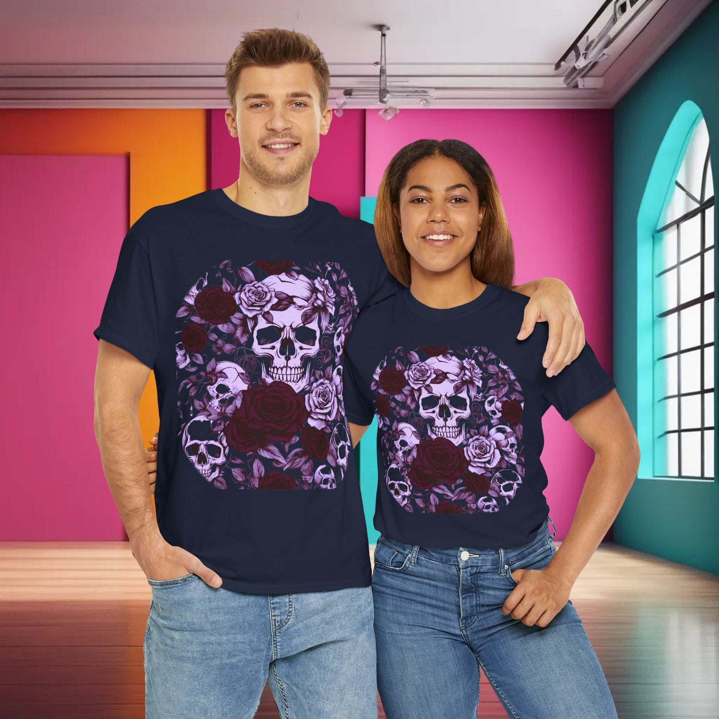 Skulls and Roses Cotton Tee, Unisex Graphic Shirt, 7 color choice