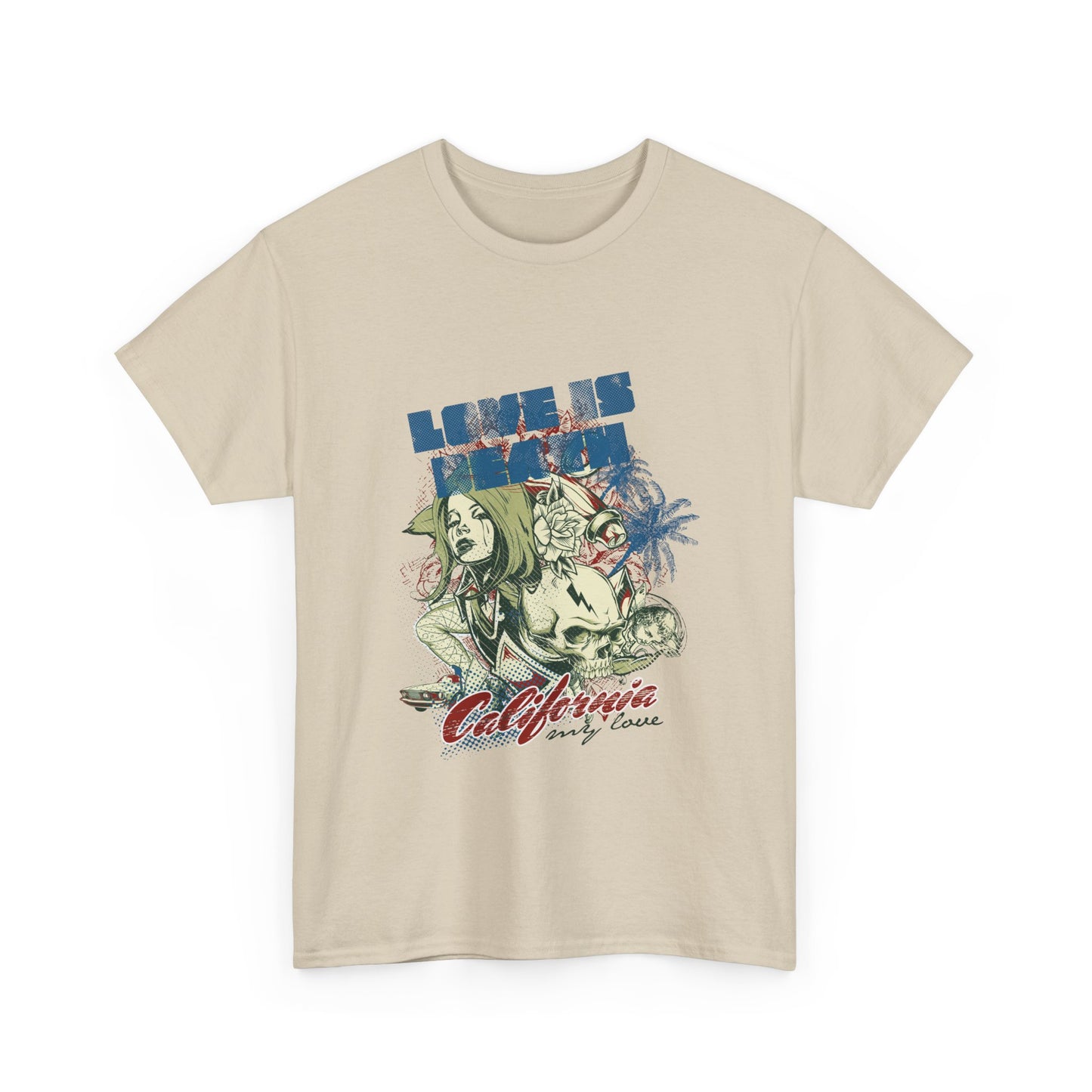 Luxury men's t-shirt featuring a striking graphic design with the phrase 'LOVE IS DEATH', elegantly illustrated with a female figure, vibrant palm trees, and a skull motif on a soft beige cotton fabric.