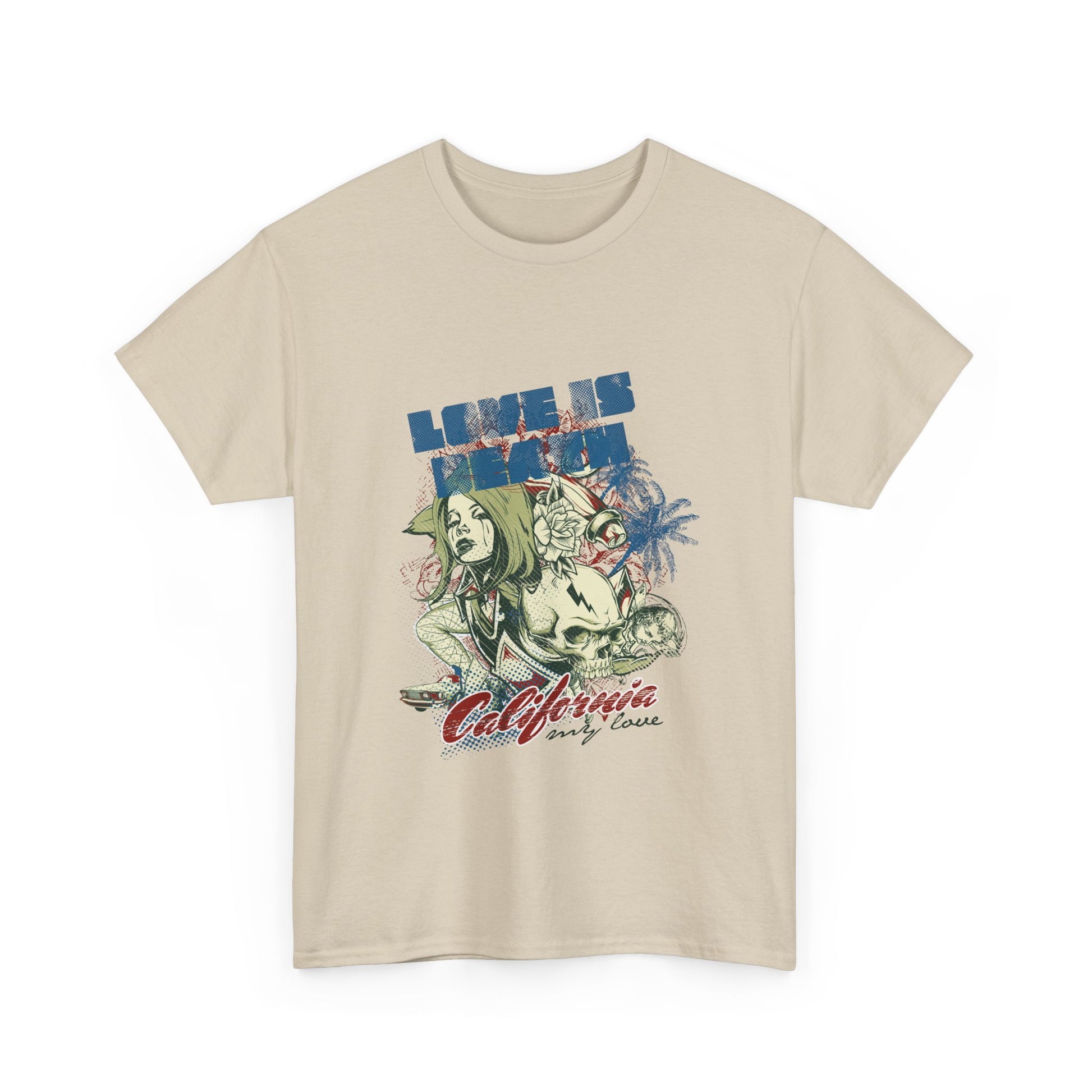 Luxury men's t-shirt featuring a striking graphic design with the phrase 'LOVE IS DEATH', elegantly illustrated with a female figure, vibrant palm trees, and a skull motif on a soft beige cotton fabric.