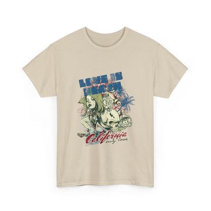 Luxury men's t-shirt featuring a striking graphic design with the phrase 'LOVE IS DEATH', elegantly illustrated with a female figure, vibrant palm trees, and a skull motif on a soft beige cotton fabric.