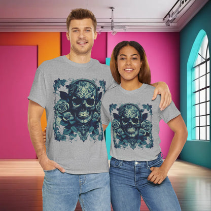 Skulls and Roses Cotton Tee worn by a couple, highlighting the striking unisex graphic shirt with skull and rose artwork, perfect for expressing individuality.
