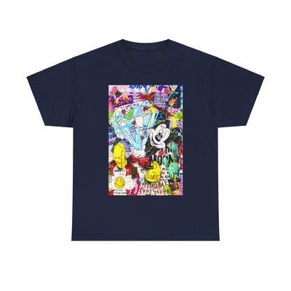 Mickey Mouse Graffiti Graphic Unisex T Shirt Tee presented in a deep navy colour, adorned with an eye-catching graphic of a diamond and vibrant illustrations.
