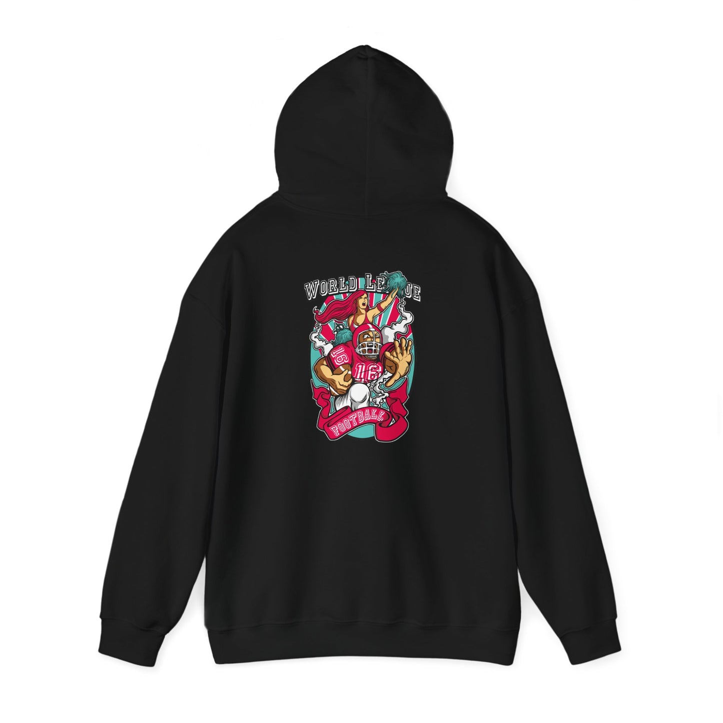 Black hoodie displayed from the back, featuring a striking illustration with 'WORLD LEAGUE' text, adding a bold statement for sports lovers.