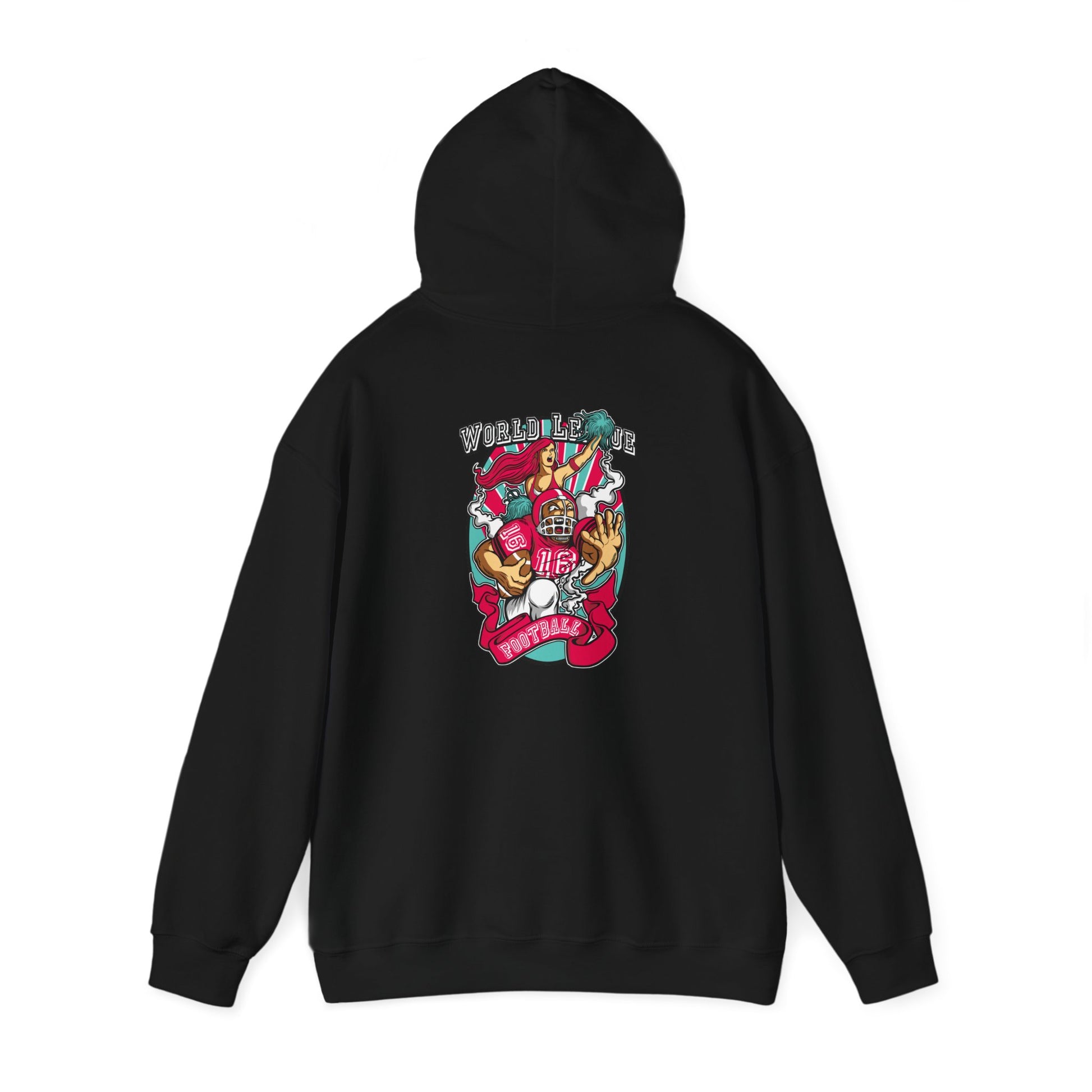 Black hoodie displayed from the back, featuring a striking illustration with 'WORLD LEAGUE' text, adding a bold statement for sports lovers.