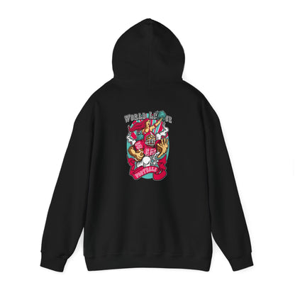 Black hoodie displayed from the back, featuring a striking illustration with 'WORLD LEAGUE' text, adding a bold statement for sports lovers.