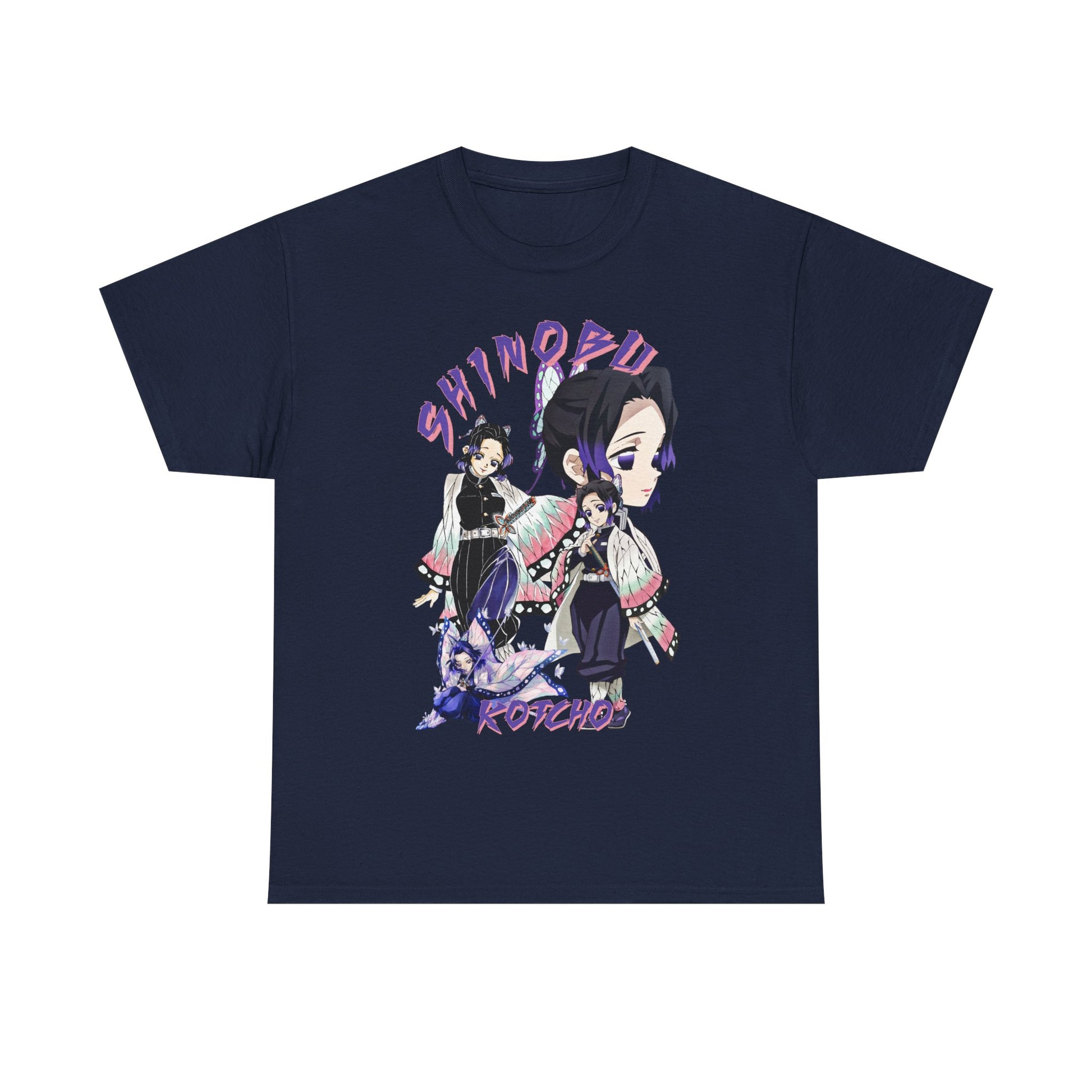 Sophisticated navy T-shirt featuring a detailed graphic of Shinobu Kocho from Demon Slayer, accentuated with vivid colours and stylish typography, ideal for fans and fashion lovers alike.