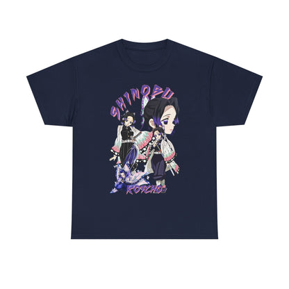 Sophisticated navy T-shirt featuring a detailed graphic of Shinobu Kocho from Demon Slayer, accentuated with vivid colours and stylish typography, ideal for fans and fashion lovers alike.