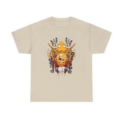 Men's elegant graphic t-shirt in beige adorned with a striking illustration of emoji figures set against a backdrop of flames and intricate designs, designed for those who appreciate luxury and individuality in their wardrobe.
