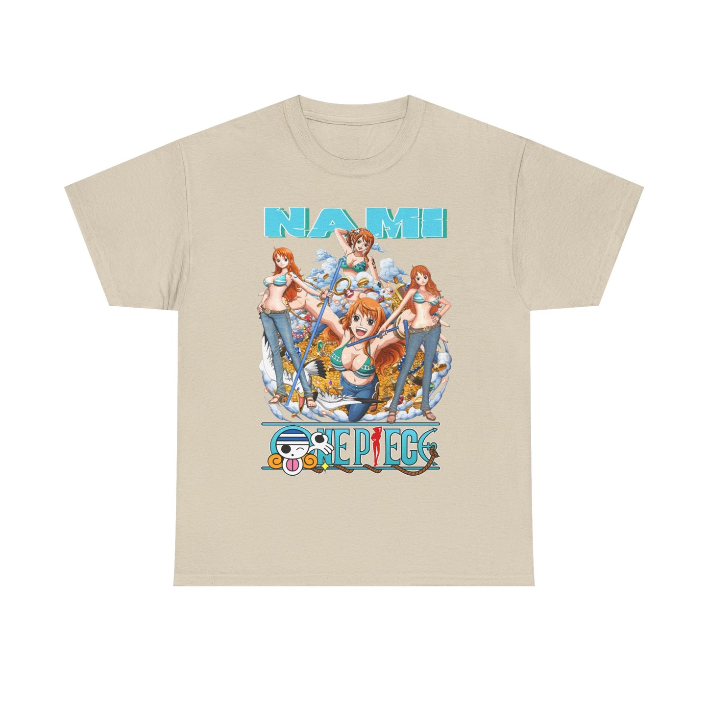 Chic beige Nami Anime T-Shirt displaying vibrant artwork of Nami in various poses, blended with sophisticated colours and anime flair, suitable for fashion-conscious fans.