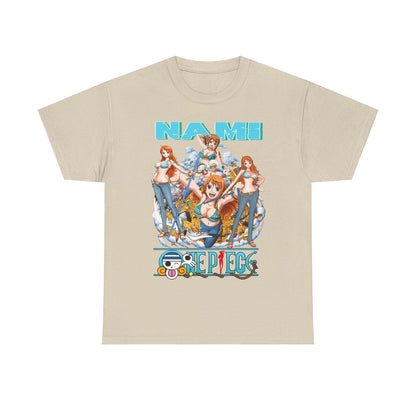 Chic beige Nami Anime T-Shirt displaying vibrant artwork of Nami in various poses, blended with sophisticated colours and anime flair, suitable for fashion-conscious fans.
