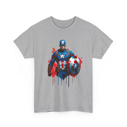 Front view of the Captain America Graphic Tee featuring a striking comic illustration of Captain America, epitomising heroism with vibrant colours on a soft grey fabric.