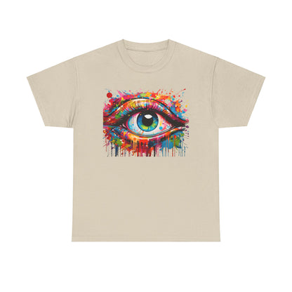 Elegant unisex beige t-shirt showcasing the exquisite 'Visionary Drip' design, featuring a striking eye in vivid hues, perfect for art enthusiasts.