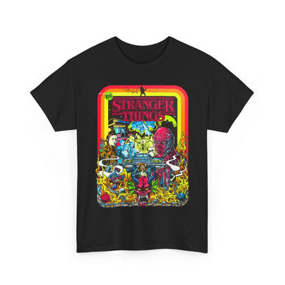 Luxury graphic t-shirt featuring vibrant 'Stranger Things' illustration, showcasing iconic characters and bold colours, perfect for fans of the series.