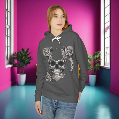 Unisex Lightweight Hooded Sweatshirt with unique designer skull and roses design, modelled in a vibrant interior setting, embodying luxury and style.
