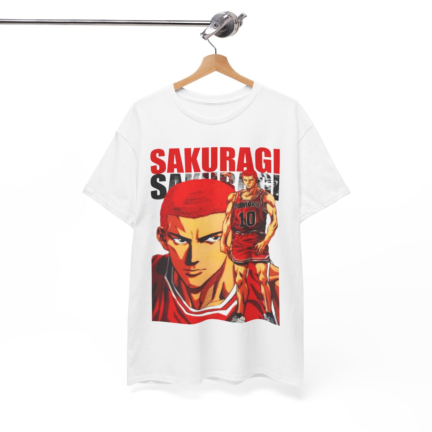 Sophisticated display of a white t-shirt featuring a bold Sakuragi print, elegantly hung, exemplifying style and passion for basketball and anime.
