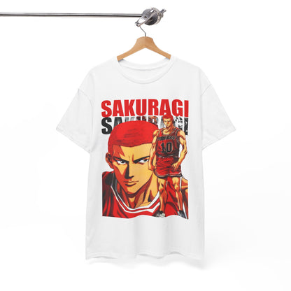 Sophisticated display of a white t-shirt featuring a bold Sakuragi print, elegantly hung, exemplifying style and passion for basketball and anime.