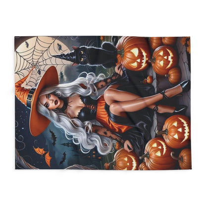 Artful presentation of the Decorative and Warm Halloween Spooky Arctic Fleece Blanket, featuring a striking illustration of a witch alongside playful pumpkins.
